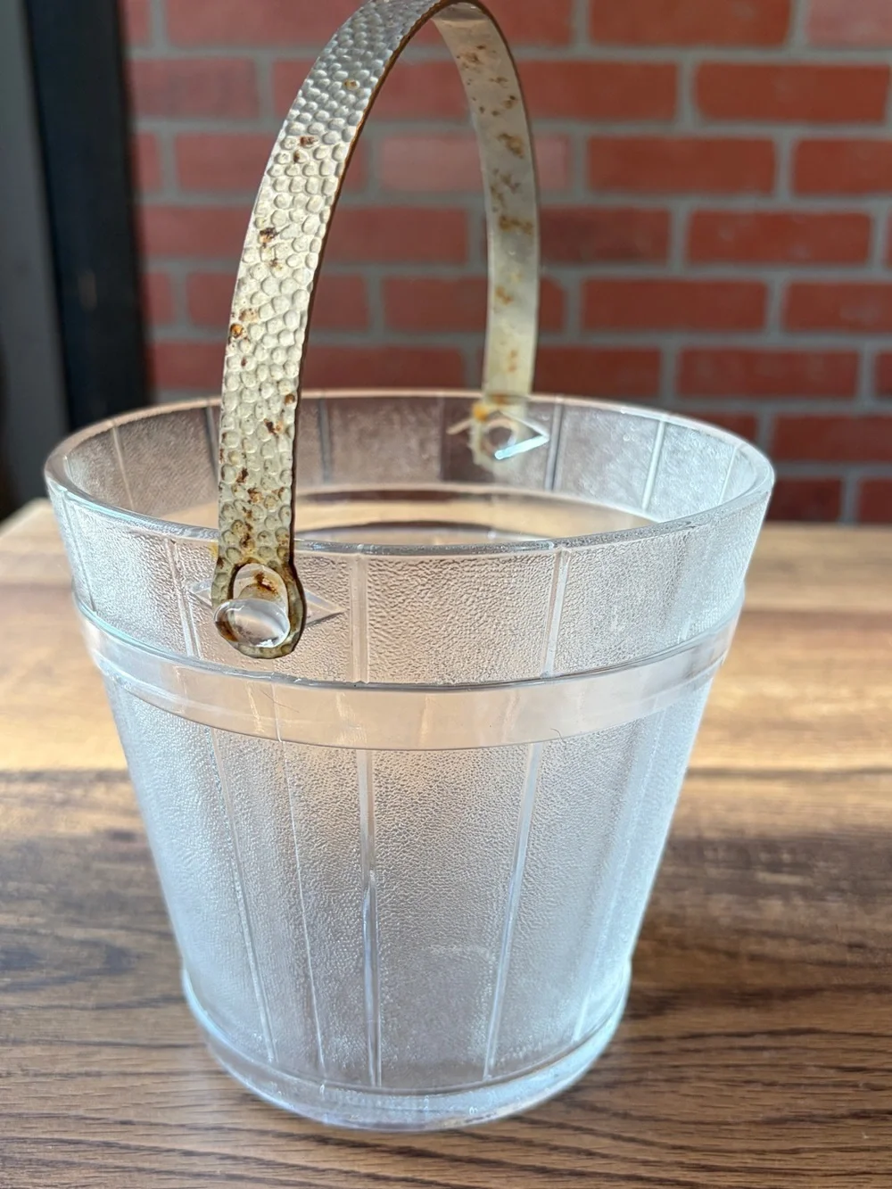 Vintage Clear Textured Glass Ice Bucket with Metal Swing Handle~Mid Century Era